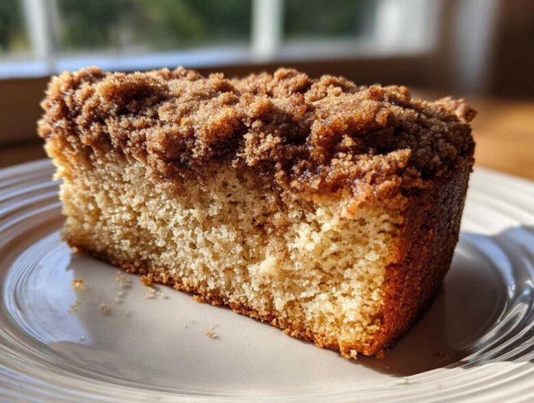 Close-up of a moist slice of coffee cake featuring a thick, dark brown cinnamon streusel topping.