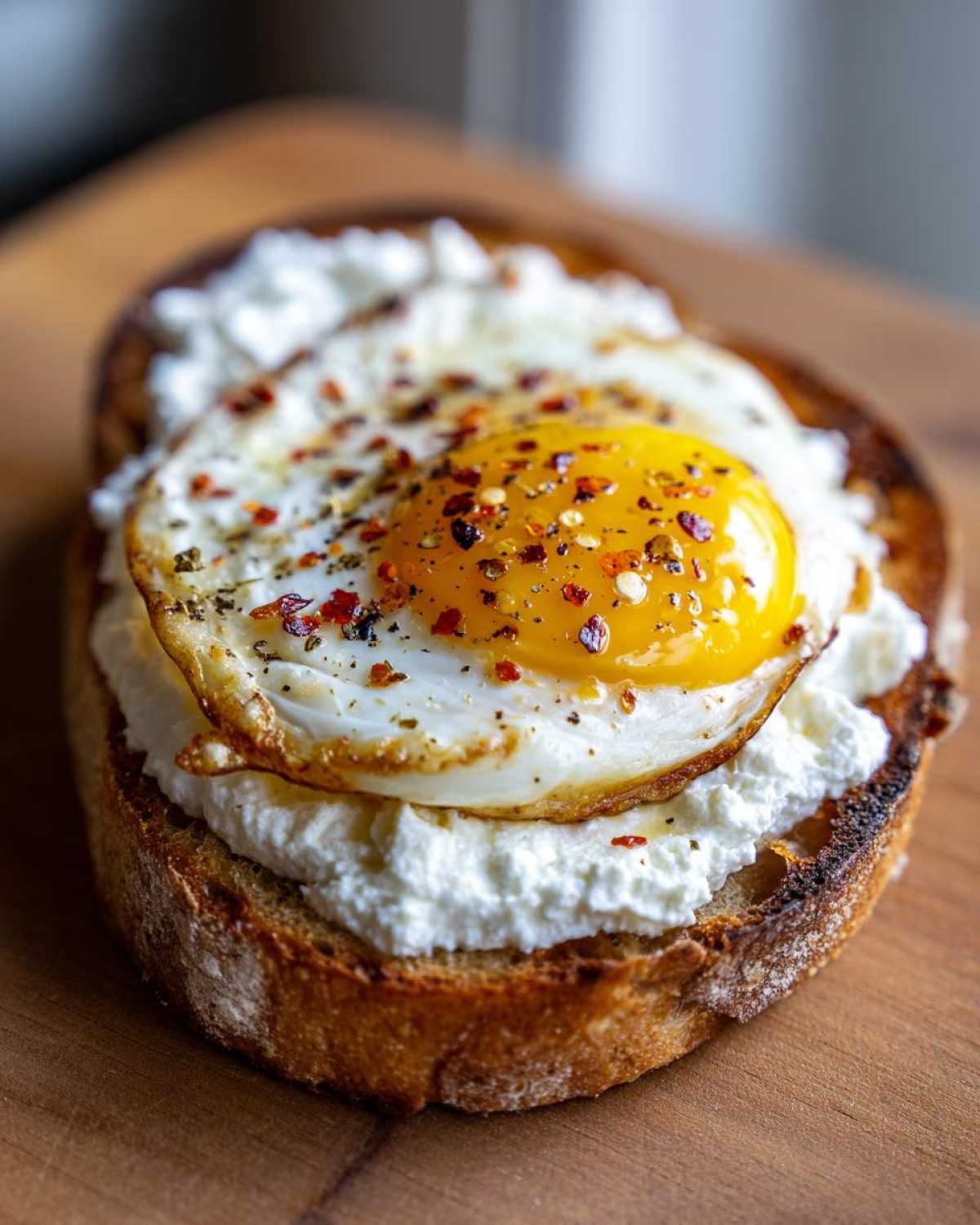 A close-up of delicious egg toast topped with creamy ricotta cheese and sprinkled with red pepper flakes.