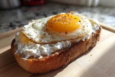 Close-up of a delicious egg toast featuring a fried egg with a runny yolk over a layer of white cheese on toasted bread.
