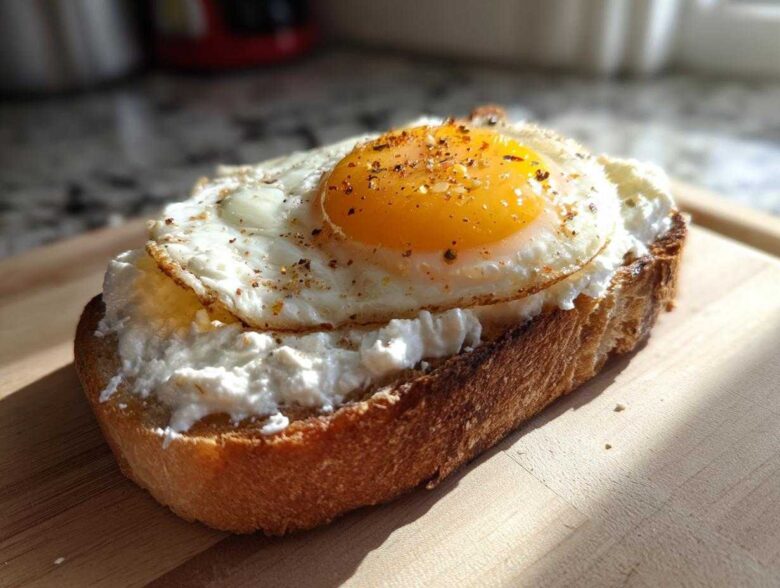 Close-up of a delicious egg toast featuring a fried egg with a runny yolk over a layer of white cheese on toasted bread.