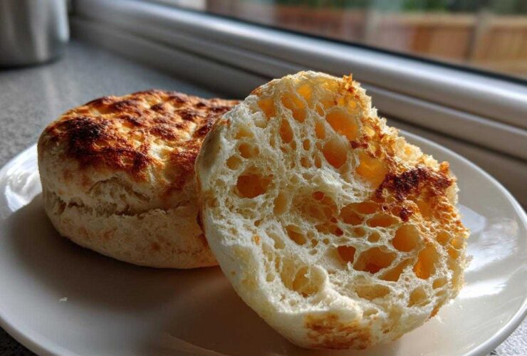Close-up of a homemade english muffin, split open to show the signature open, airy crumb structure.
