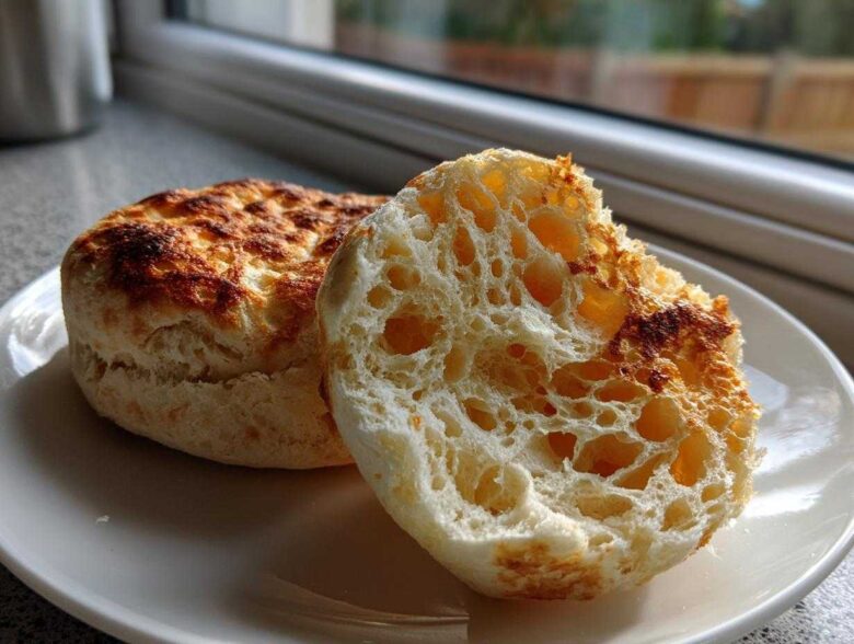 Close-up of a homemade english muffin, split open to show the signature open, airy crumb structure.