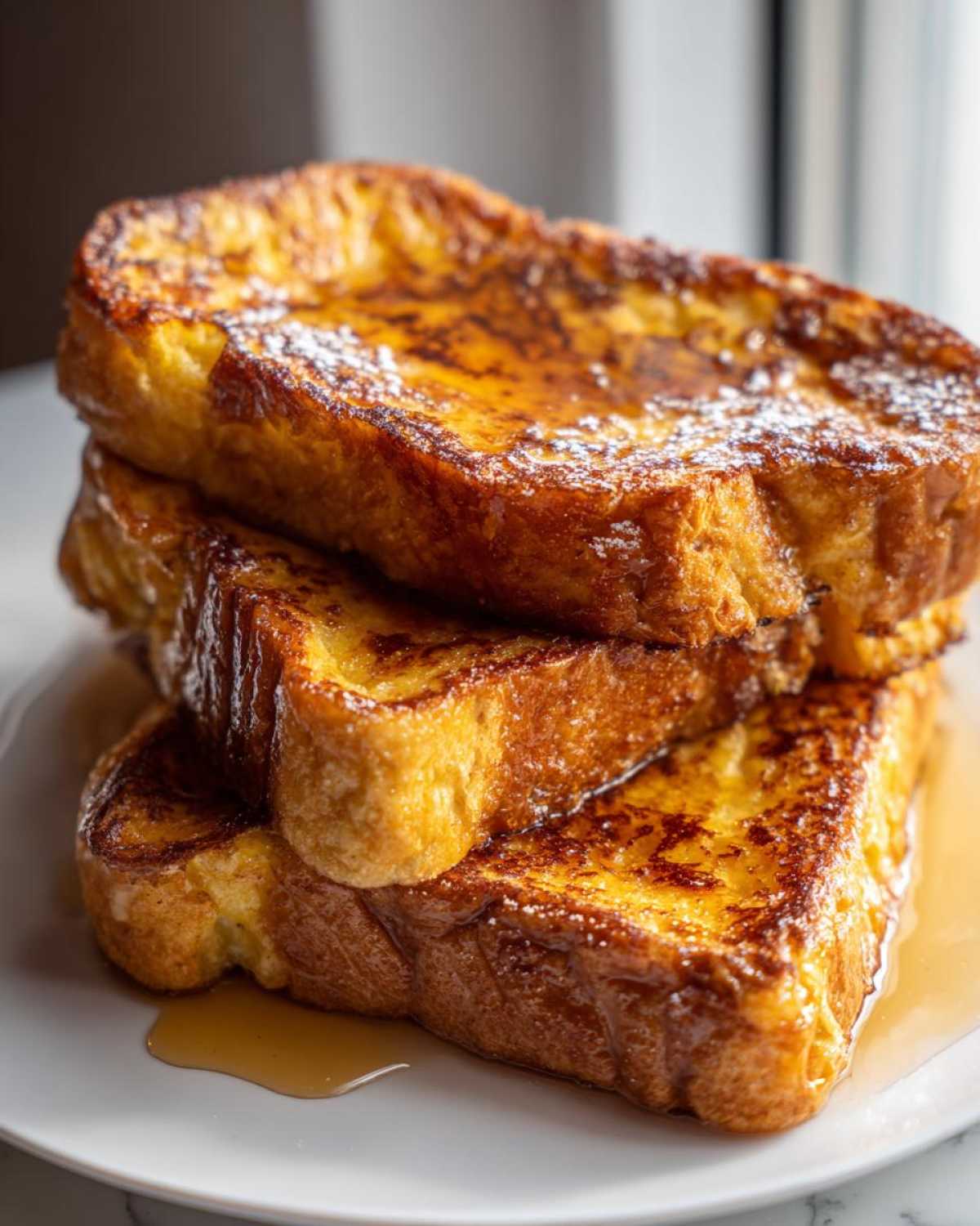 Close-up of three thick slices of golden brown french toast stacked and drizzled with syrup.