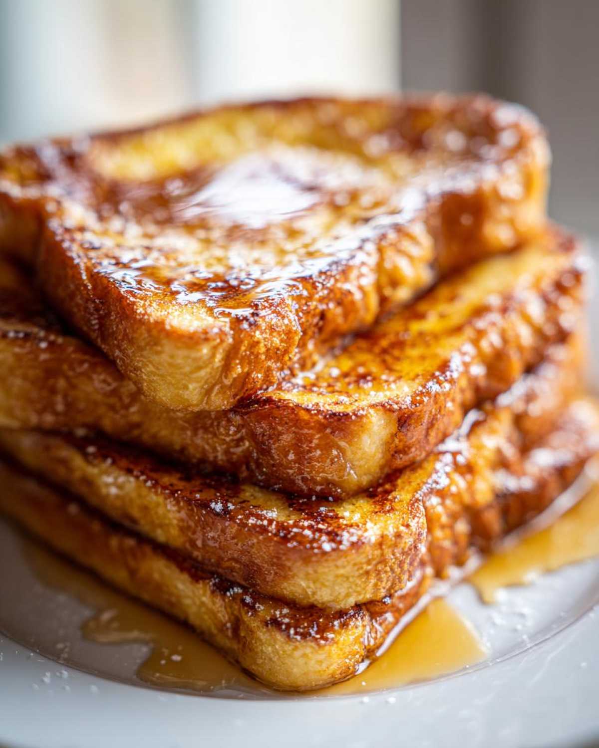 A close-up, appetizing stack of four slices of golden brown french toast drizzled with syrup and dusted with powdered sugar.