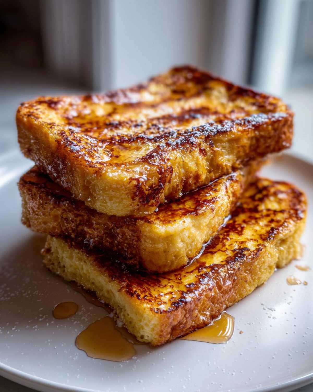 Close-up of three thick slices of golden brown french toast stacked, drizzled with syrup and dusted with powdered sugar.