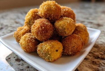 A mound of golden brown, crispy fried okra balls piled high on a small white rectangular plate.