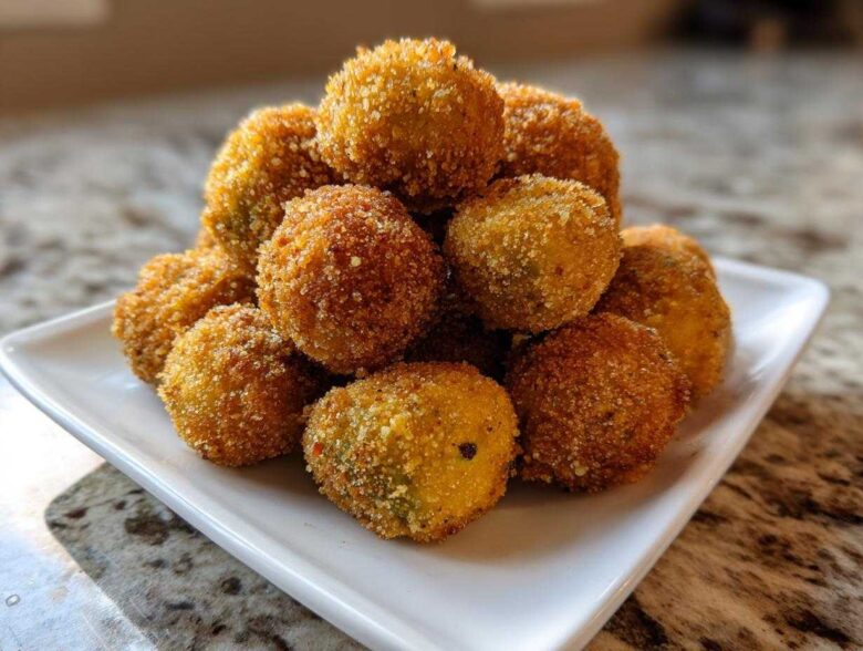 A mound of golden brown, crispy fried okra balls piled high on a small white rectangular plate.