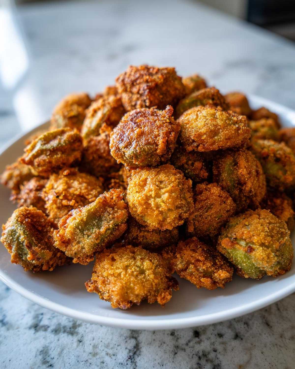 A close-up of a large mound of perfectly golden brown fried okra served on a white plate.