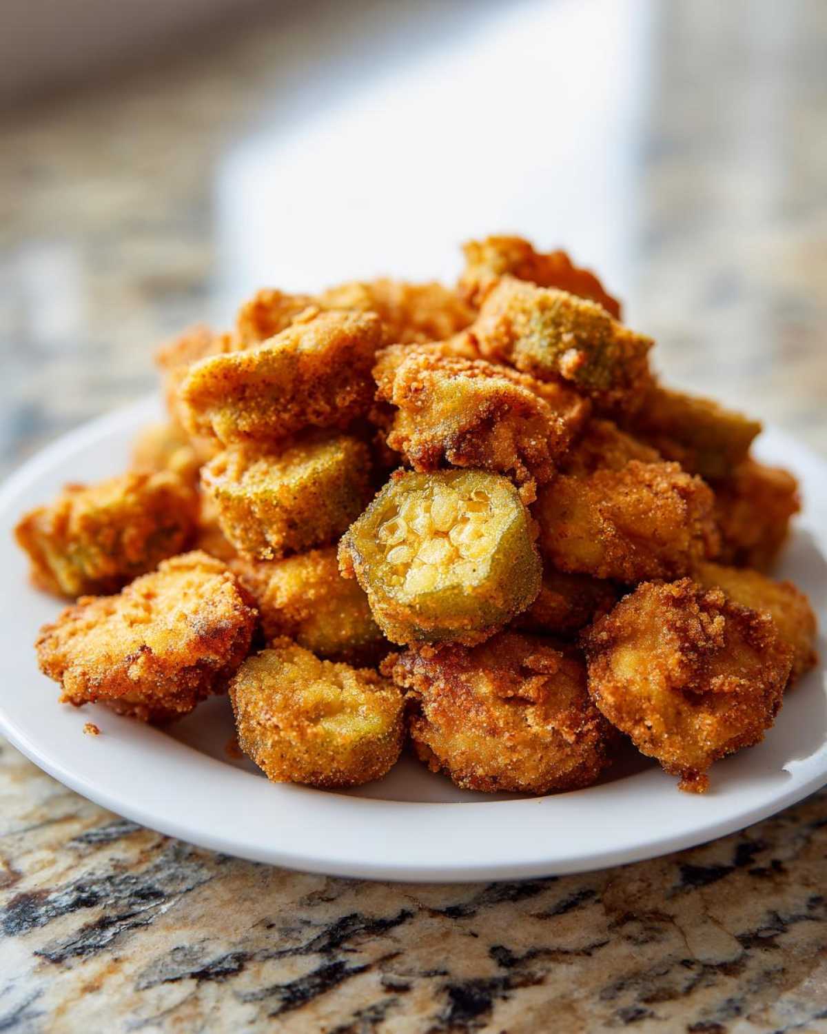 A close-up of a white plate piled high with perfectly golden brown, crispy fried okra pieces.