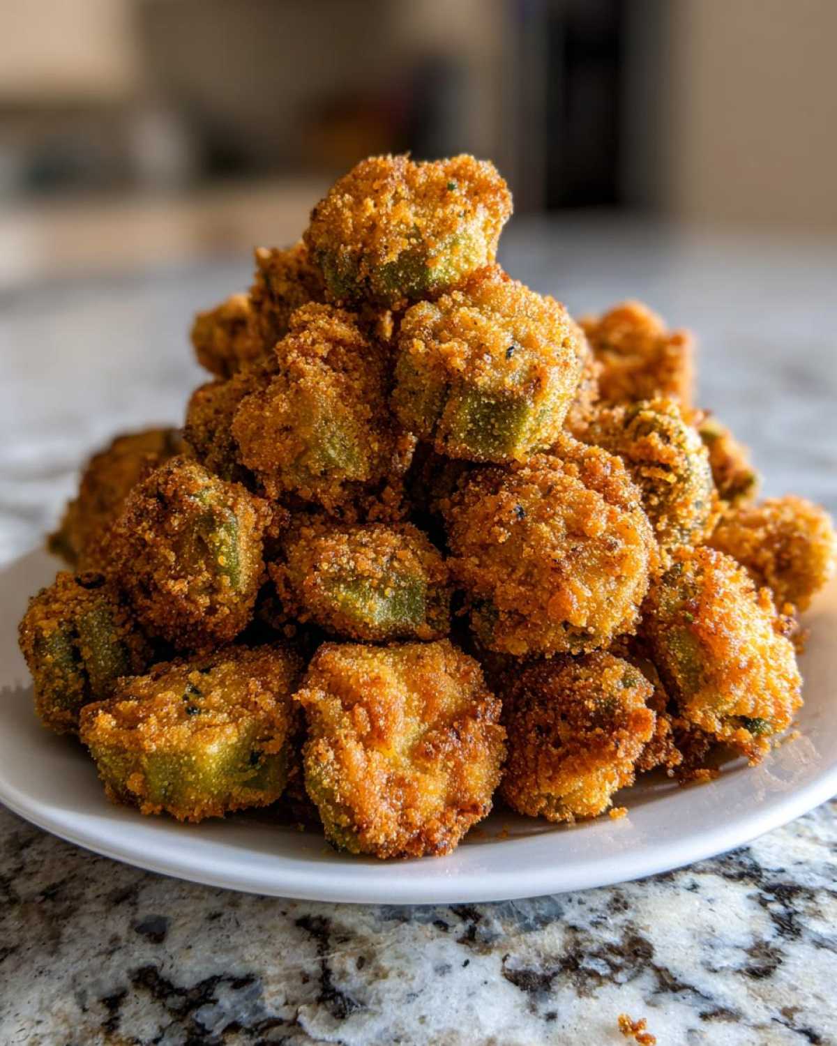 A tall mound of perfectly golden brown, crispy fried okra piled high on a white plate.