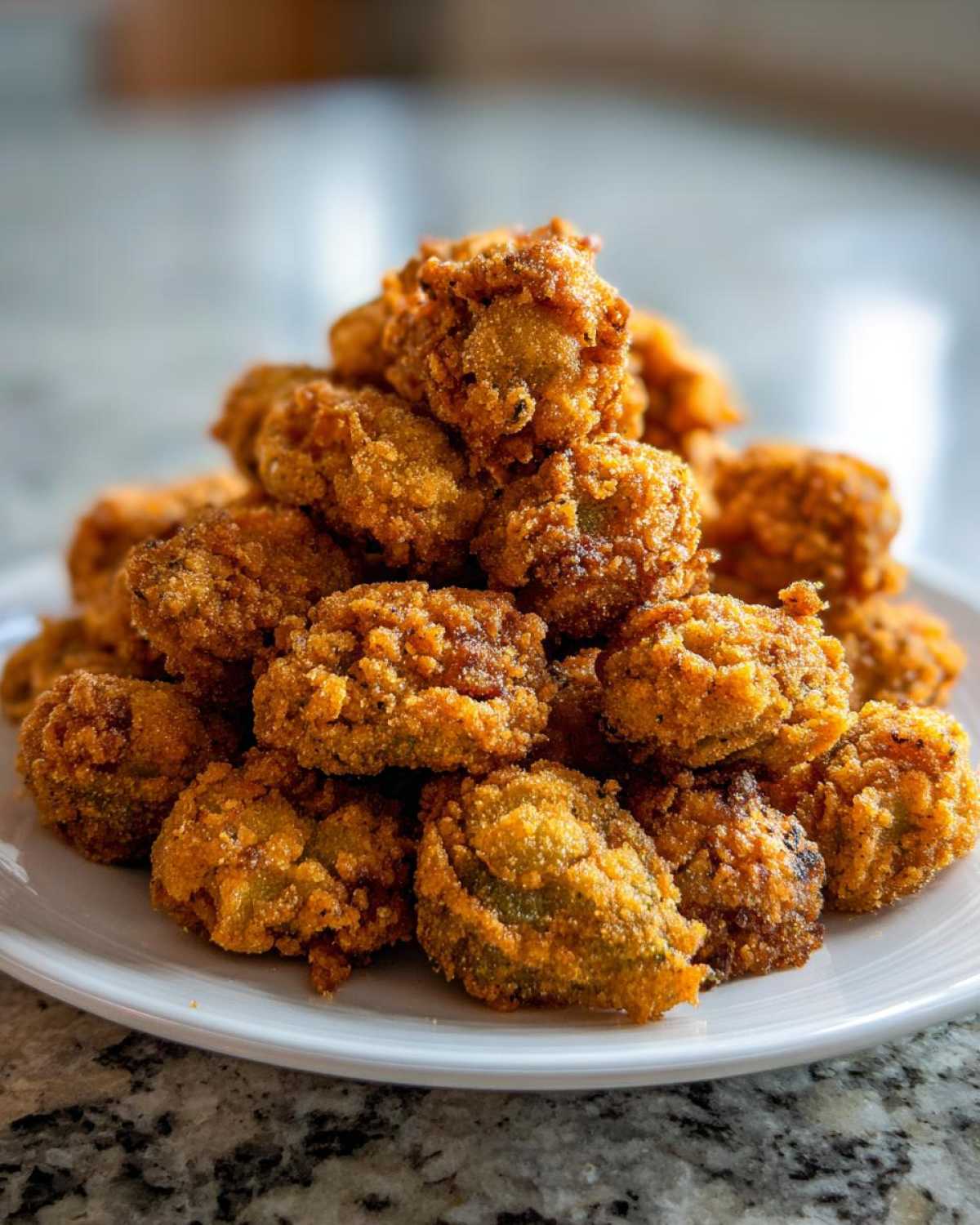 A tall pile of crispy, golden brown fried okra pieces stacked on a white plate.