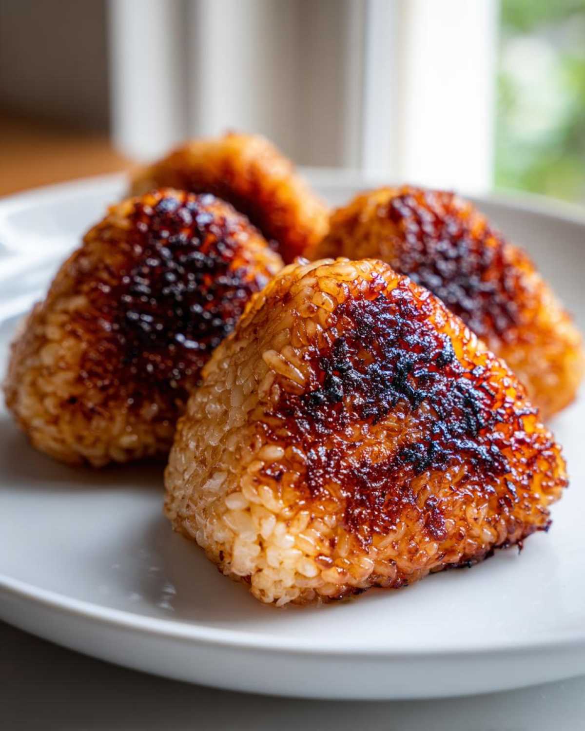 Close-up of four triangular grilled rice balls (yaki onigiri) with a dark, caramelized soy glaze on a white plate.