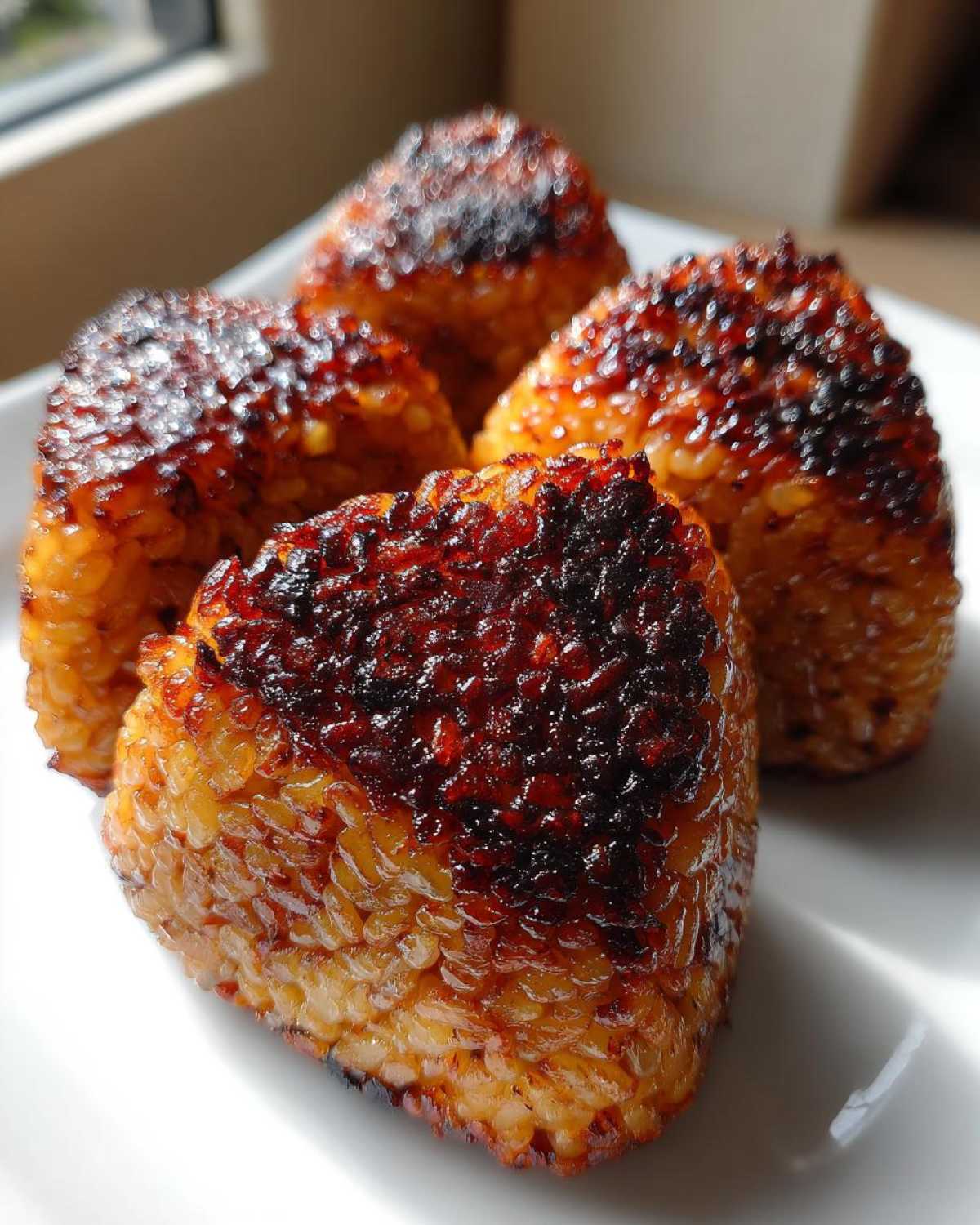Four perfectly grilled, caramelized rice balls served on a white plate, showcasing a dark, crispy exterior.