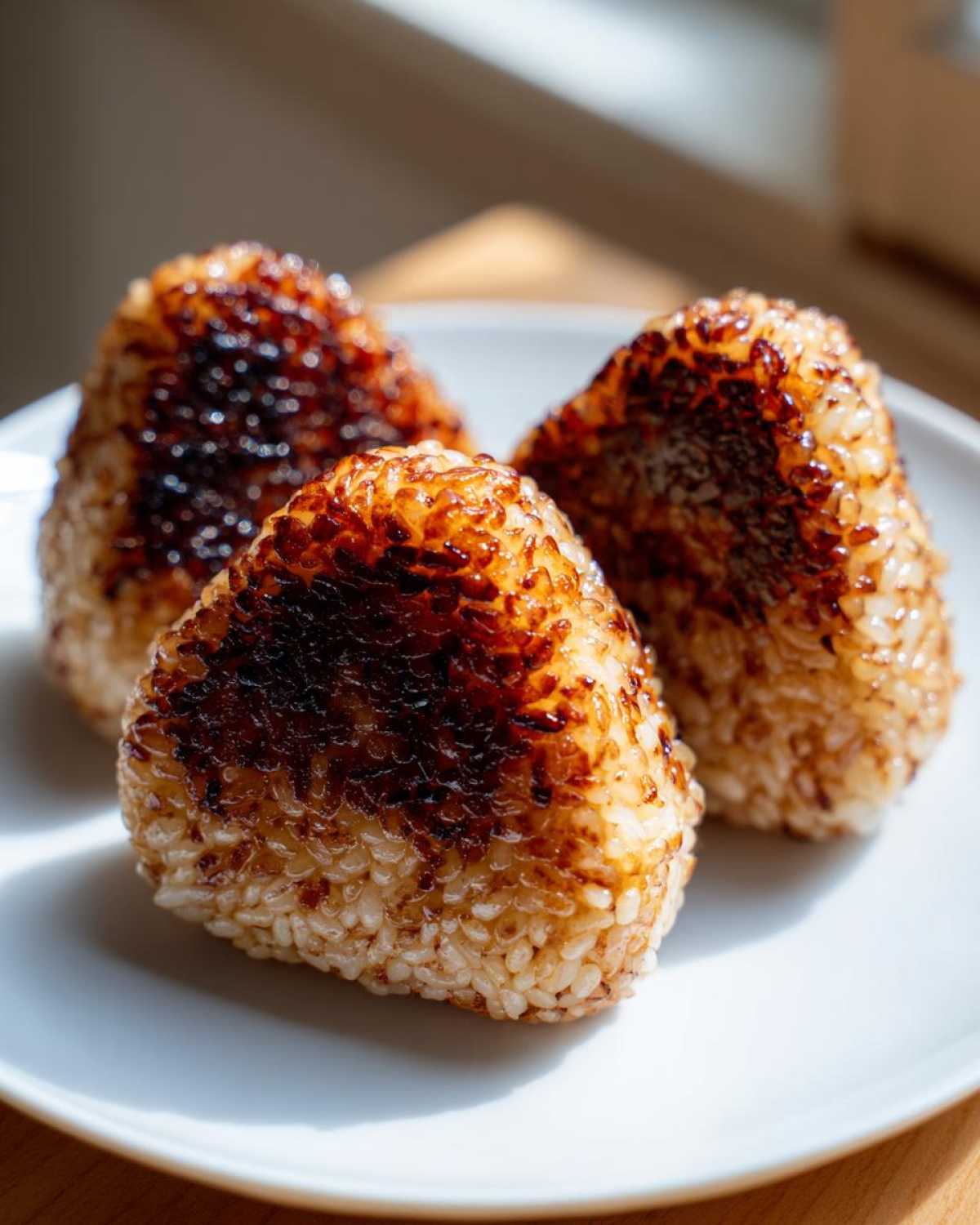Three perfectly shaped, grilled yaki onigiri rice balls with a dark, caramelized soy glaze on a white plate.