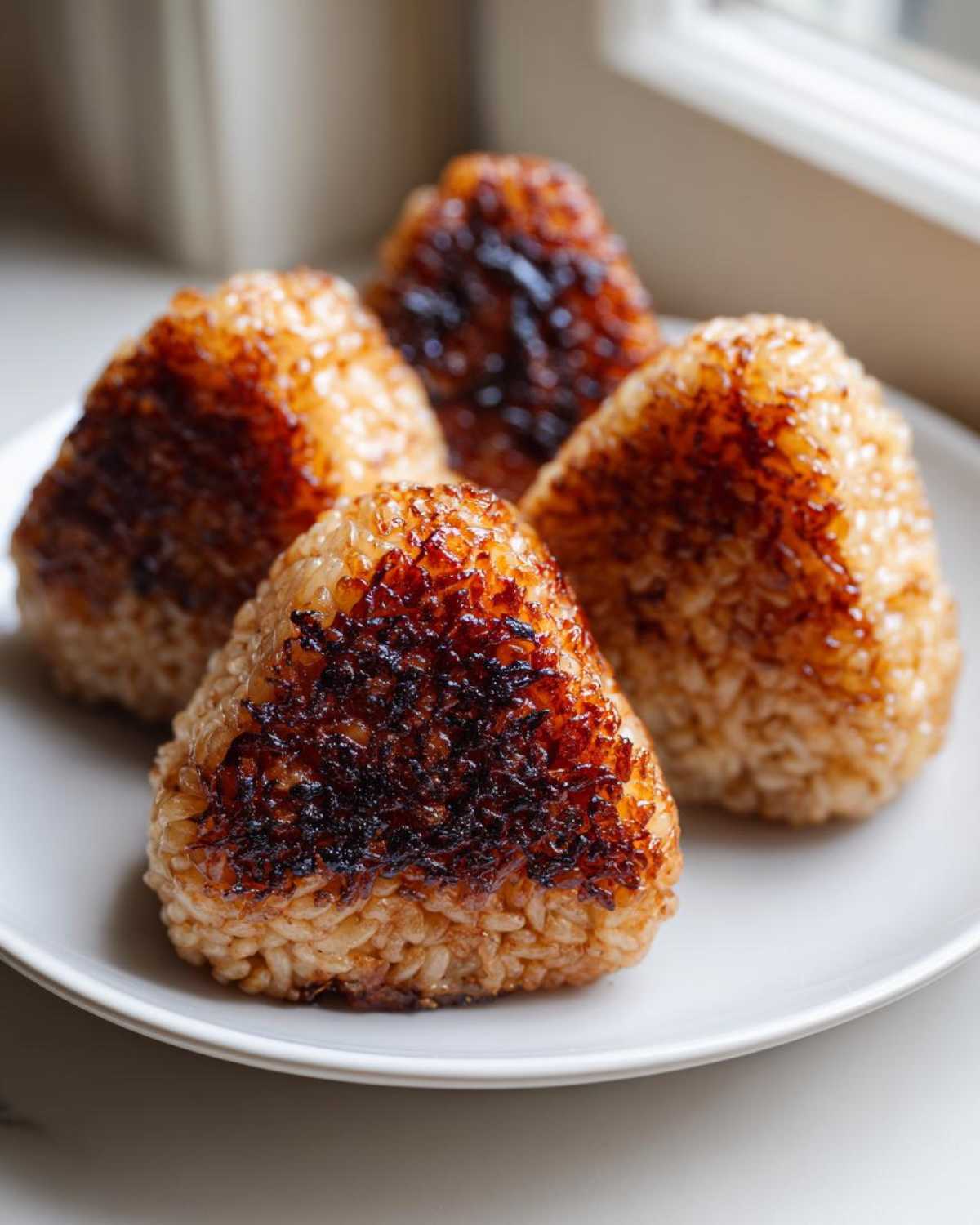 Four perfectly shaped, grilled yaki onigiri rice balls with a dark, caramelized crust served on a white plate.