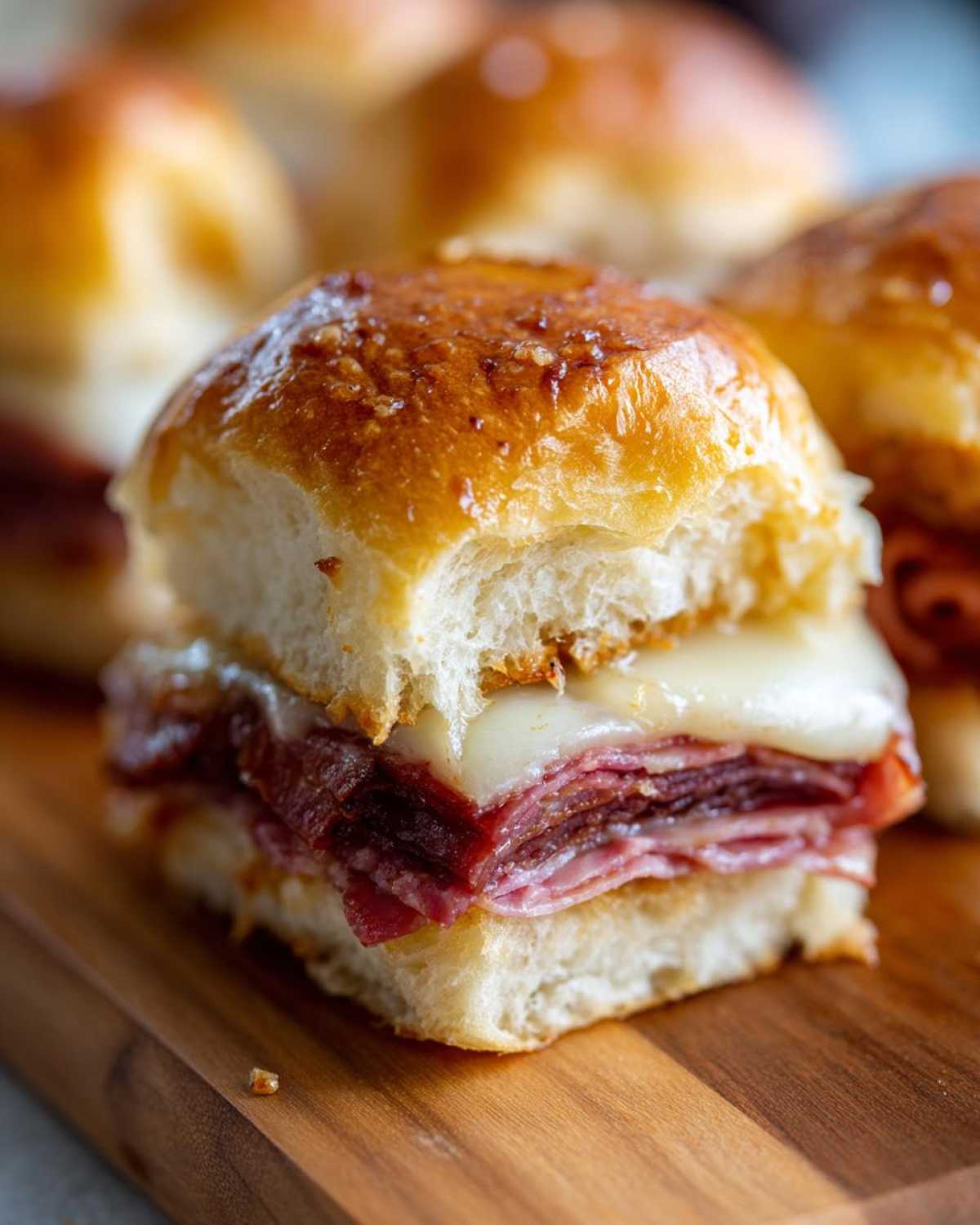 Close-up of one baked grinder slider filled with layers of deli meat and melted white cheese on a wooden board.