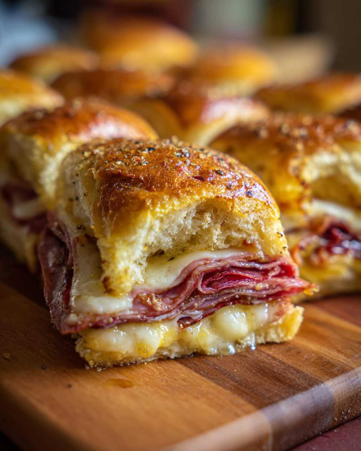 A close-up view of one baked grinder slider cut in half, showing layers of deli meat and gooey melted cheese on a seasoned bun.