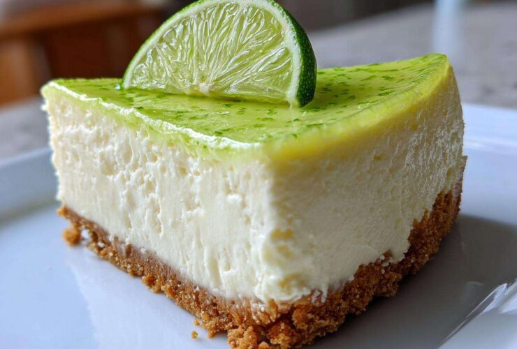 A close-up shot of a perfect slice of key lime cheesecake on a white plate, topped with lime glaze and a fresh lime slice.