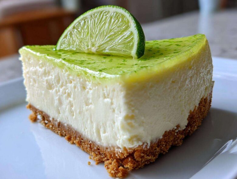 A close-up shot of a perfect slice of key lime cheesecake on a white plate, topped with lime glaze and a fresh lime slice.