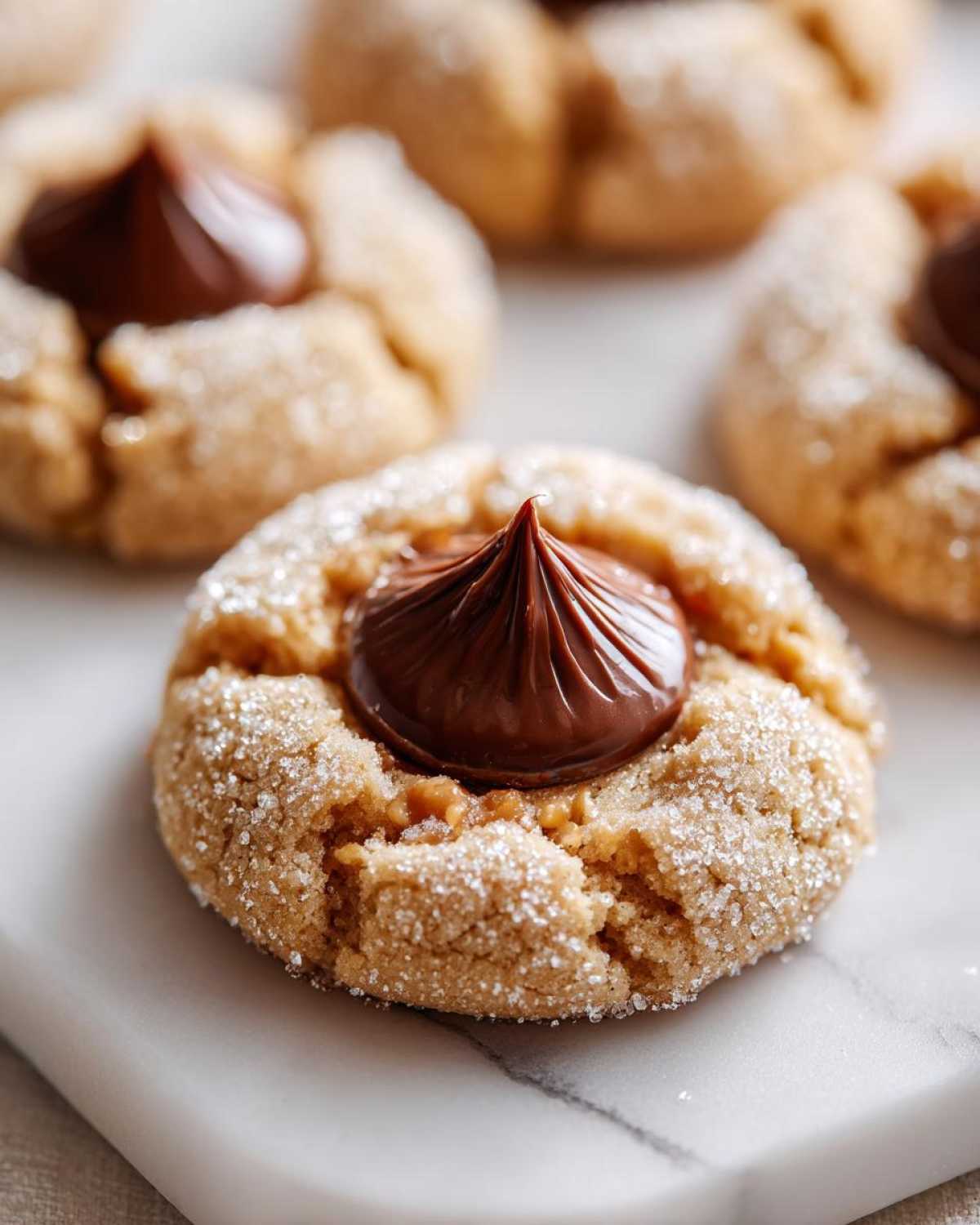 A close-up of a freshly baked, sugar-coated kiss cookie topped with a swirl of melted chocolate.