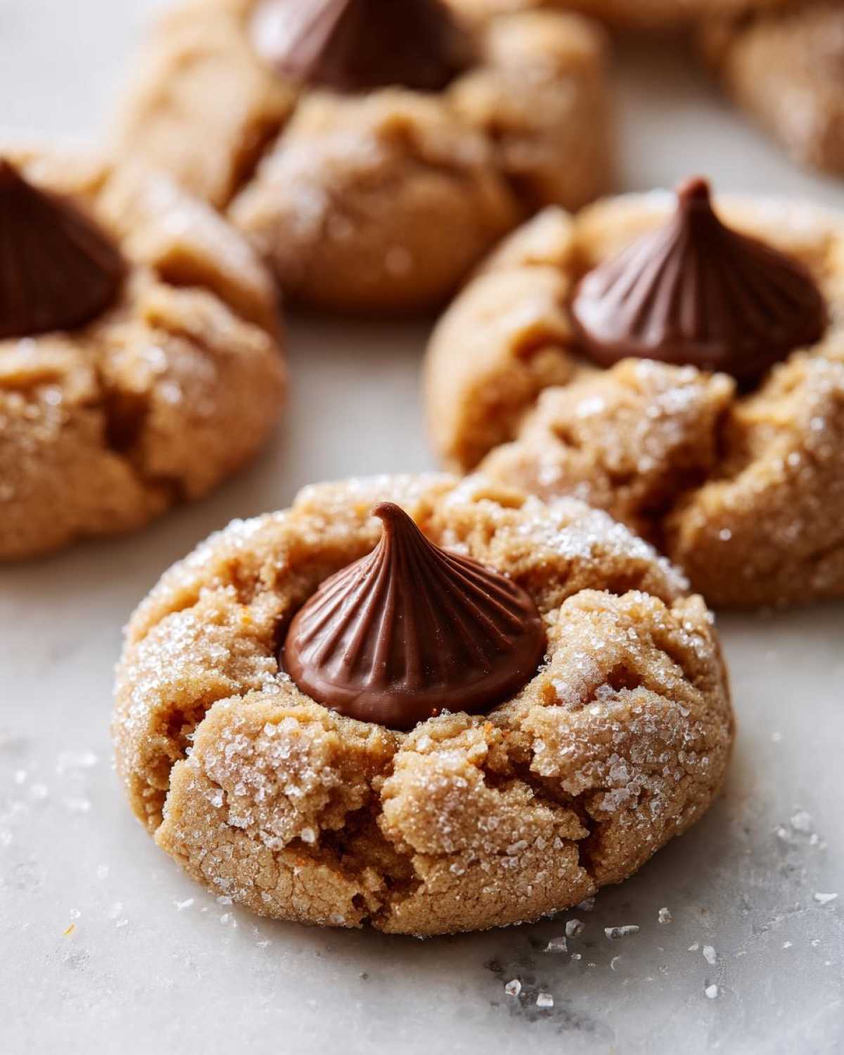 A close-up of a perfectly baked, sugar-coated kiss cookie with a milk chocolate candy pressed into the center.