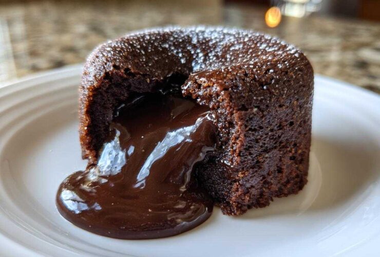 Close-up of a rich, dark chocolate lava cake with molten center oozing onto a white plate, dusted with powdered sugar.