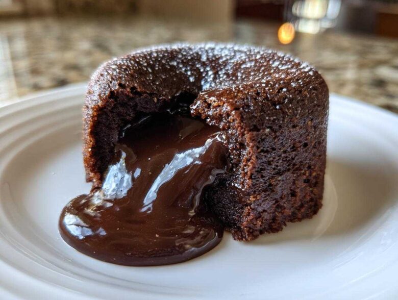 Close-up of a rich, dark chocolate lava cake with molten center oozing onto a white plate, dusted with powdered sugar.