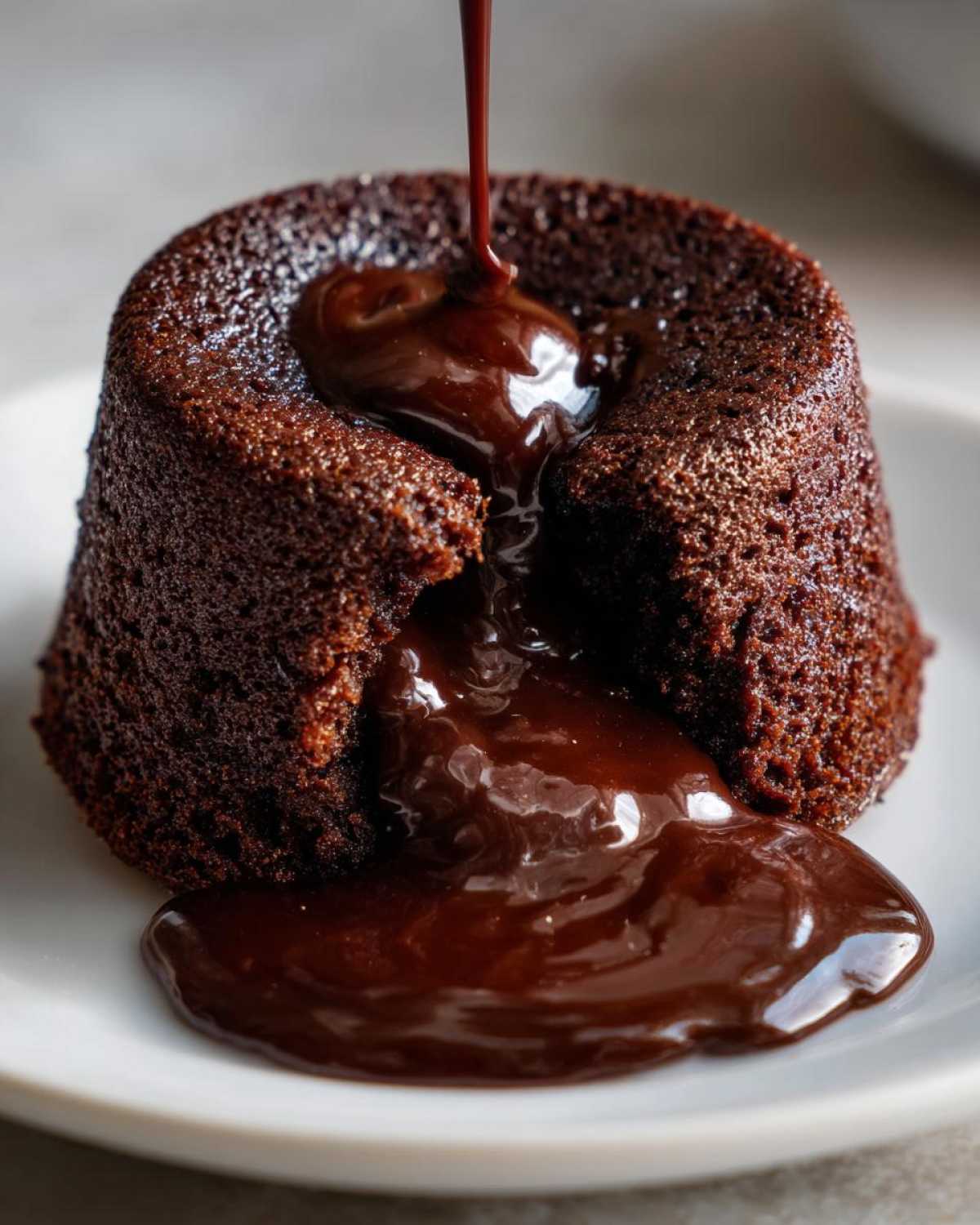 Close-up of a rich chocolate lava cake with molten center oozing out as more chocolate sauce is poured on top.