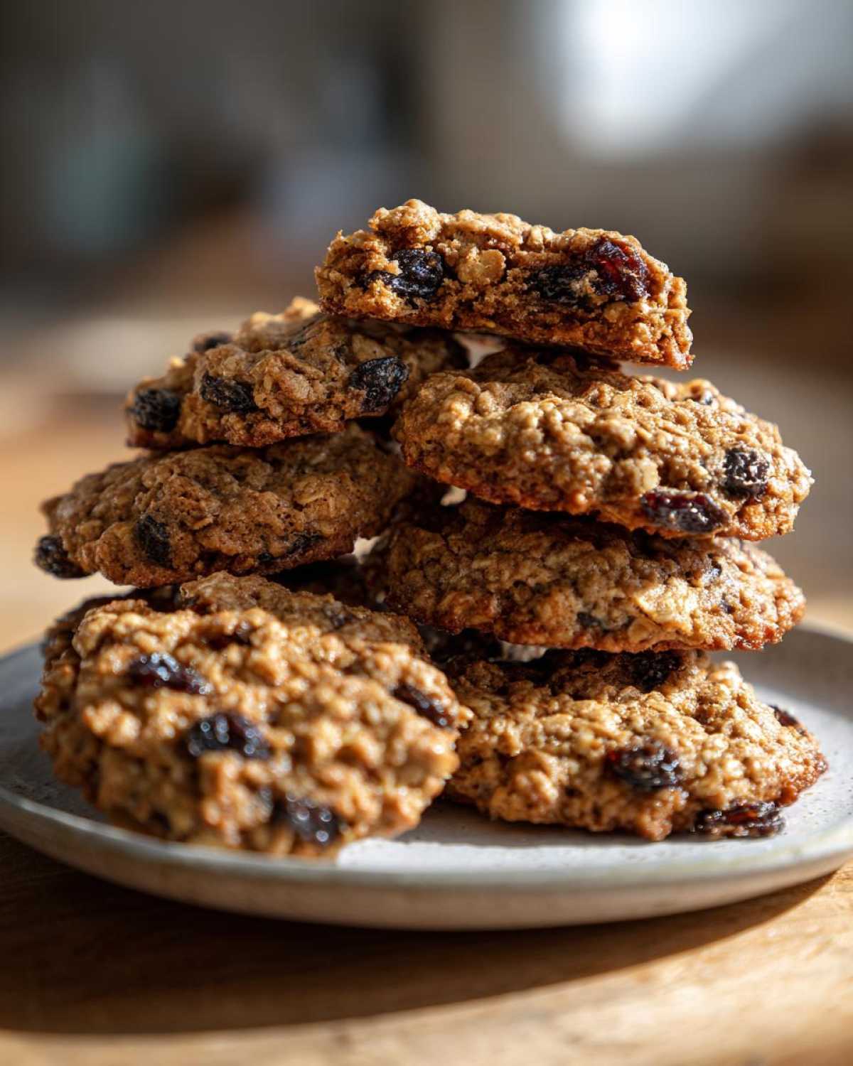 A tall stack of freshly baked oatmeal raisin cookies, one broken in half to show the chewy interior.
