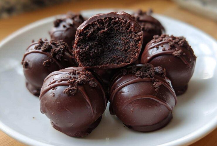 A stack of decadent chocolate-dipped Oreo balls, one cut open to show the dark filling.