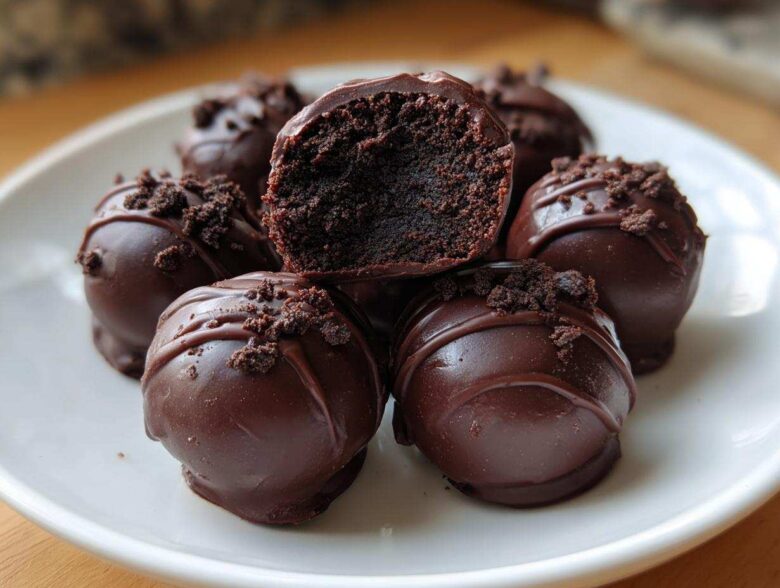 A stack of decadent chocolate-dipped Oreo balls, one cut open to show the dark filling.