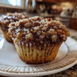Close-up of two amazing pecan pie muffins topped with gooey caramel and crunchy pecan streusel.