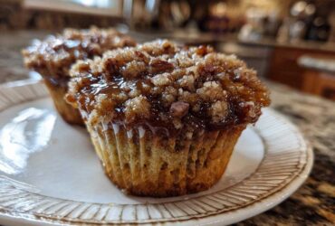 Close-up of two amazing pecan pie muffins topped with gooey caramel and crunchy pecan streusel.