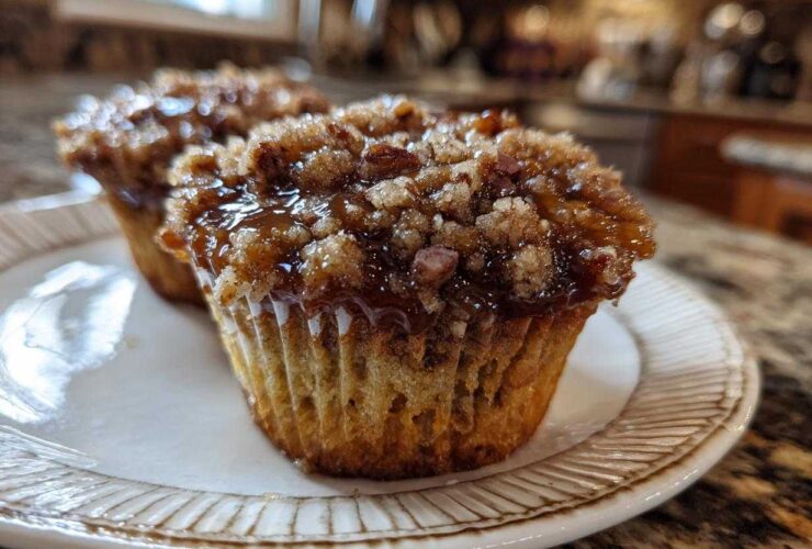 Close-up of two amazing pecan pie muffins topped with gooey caramel and crunchy pecan streusel.