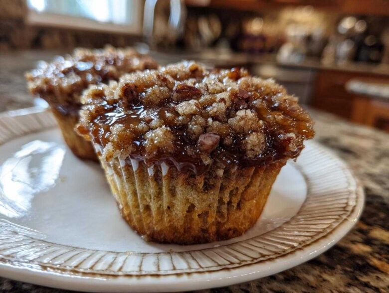 Close-up of two amazing pecan pie muffins topped with gooey caramel and crunchy pecan streusel.