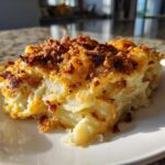 A close-up slice of creamy potato casserole topped with a dark, crispy bacon and breadcrumb crust.