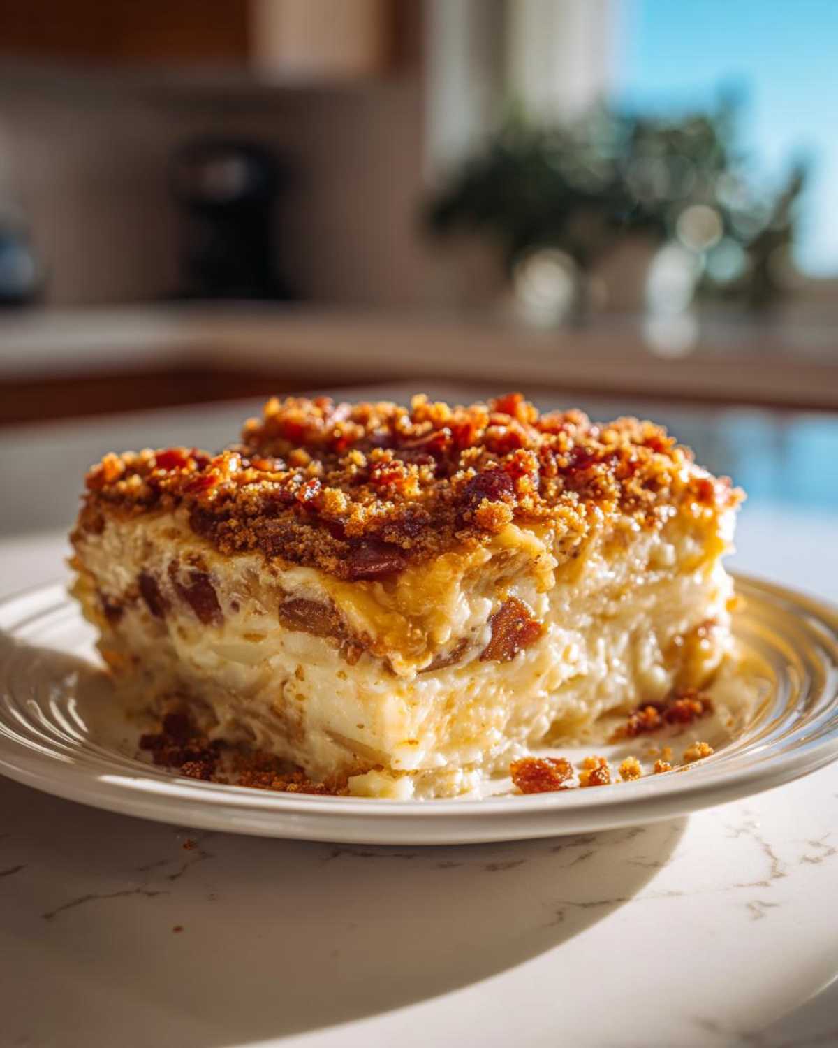 A rich, creamy slice of potato casserole topped with crispy bacon and breadcrumbs, served on a white plate.