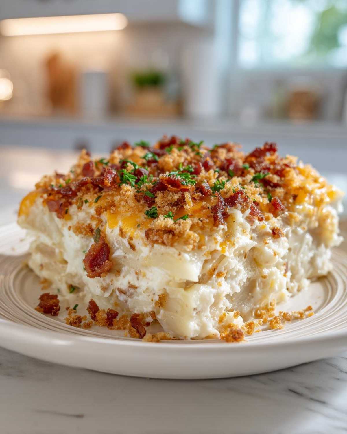 A generous slice of creamy potato casserole topped with melted cheese, crispy bacon bits, and breadcrumbs.