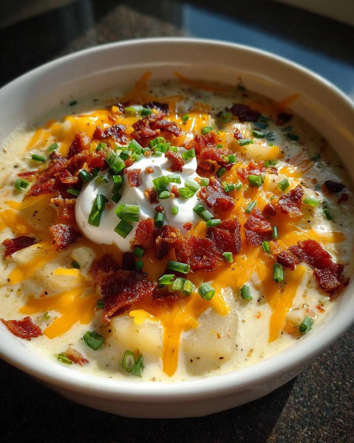 A close-up of a creamy bowl of amazing potato soup recipe topped with cheese, bacon, sour cream, and chives.