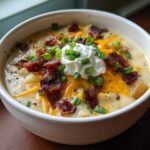 Close-up of a creamy bowl of amazing potato soup recipe topped with bacon, cheddar, sour cream, and chives.