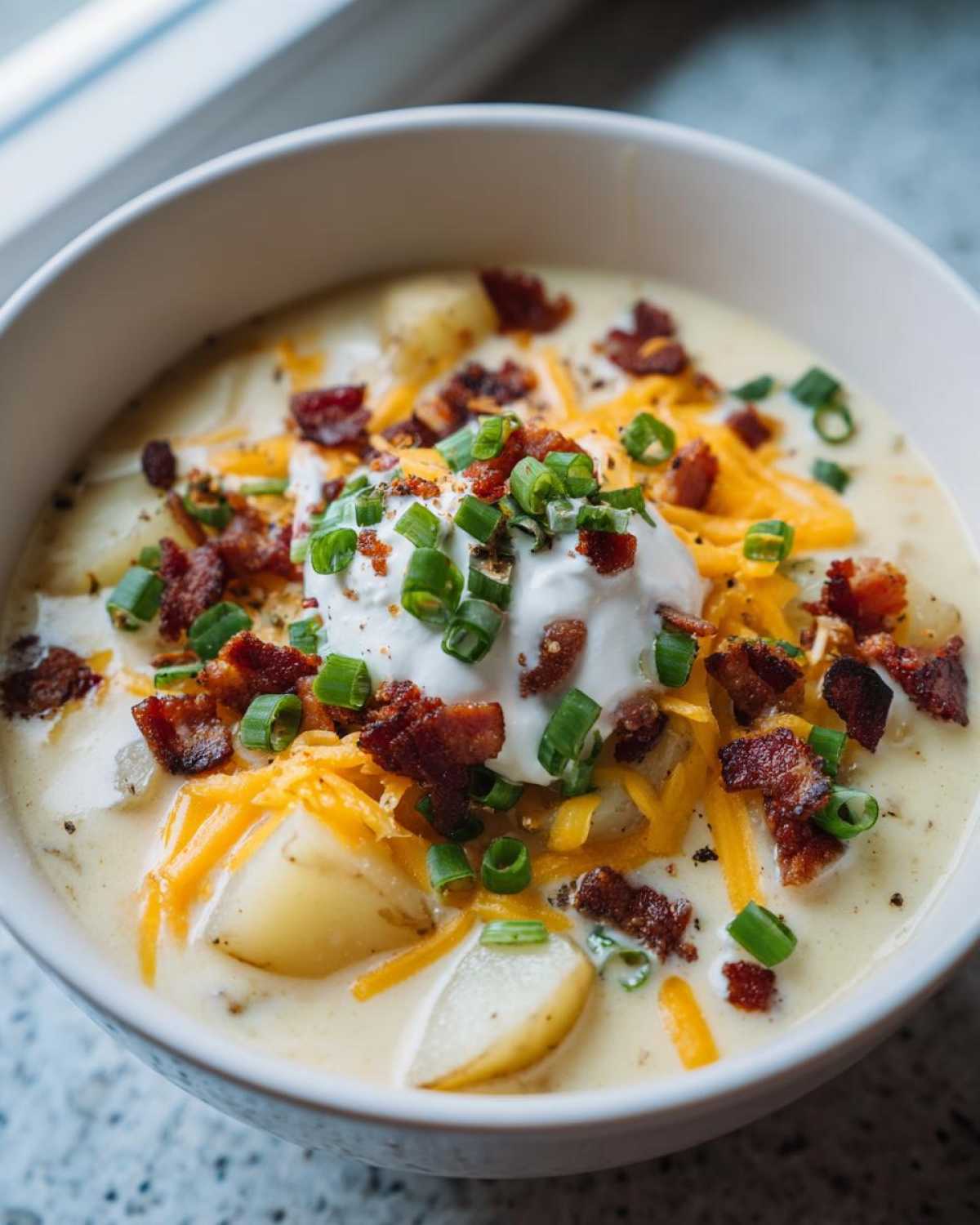 Close-up of a creamy bowl of amazing potato soup recipe topped with sour cream, cheddar, bacon, and chives.