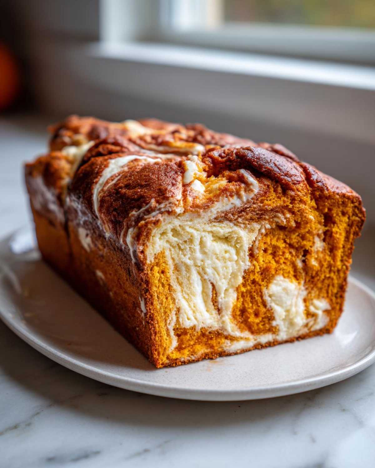 A freshly baked loaf of pumpkin cream cheese bread showing a beautiful orange swirl and creamy white filling.