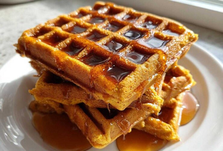 A stack of three golden brown pumpkin waffles generously drizzled with maple syrup.