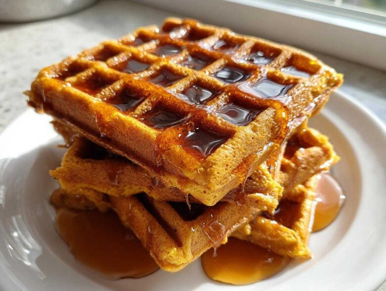 A stack of three golden brown pumpkin waffles generously drizzled with maple syrup.