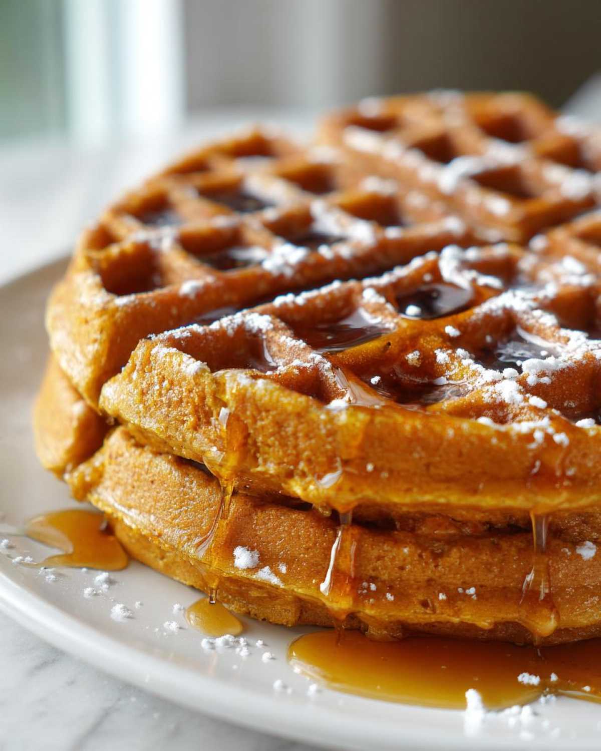 Close-up of two stacked, golden pumpkin waffles drizzled with syrup and dusted with powdered sugar.