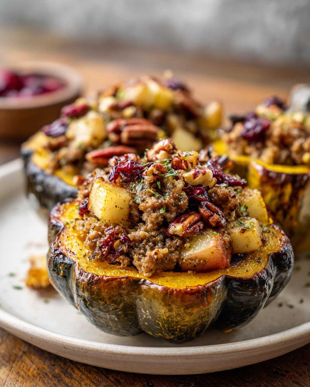 A close-up of a roasted stuffed acorn squash half filled with savory stuffing, pecans, and dried cranberries.