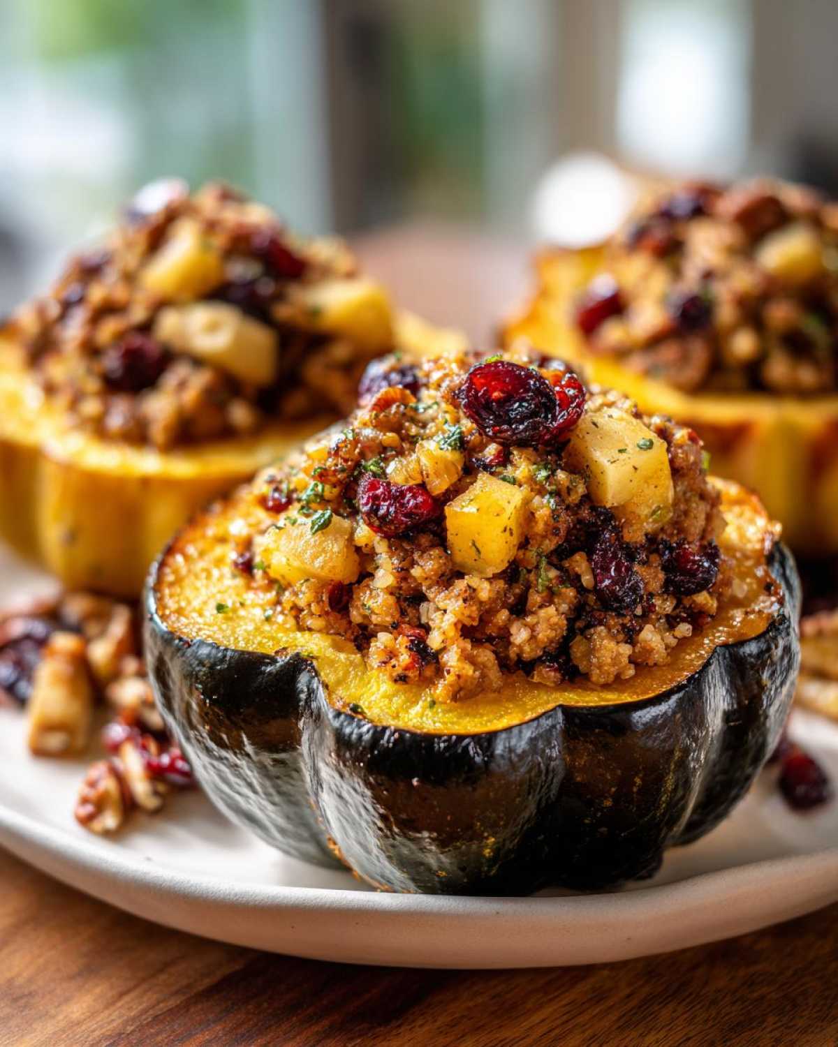 Close-up of a delicious stuffed acorn squash overflowing with savory stuffing, dried cranberries, and diced apples.