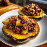 Close-up of two halves of baked stuffed acorn squash filled with sausage, quinoa, and dried cranberries.
