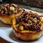 Two halves of roasted stuffed acorn squash filled with sausage, walnuts, and cranberries, served on a white plate.