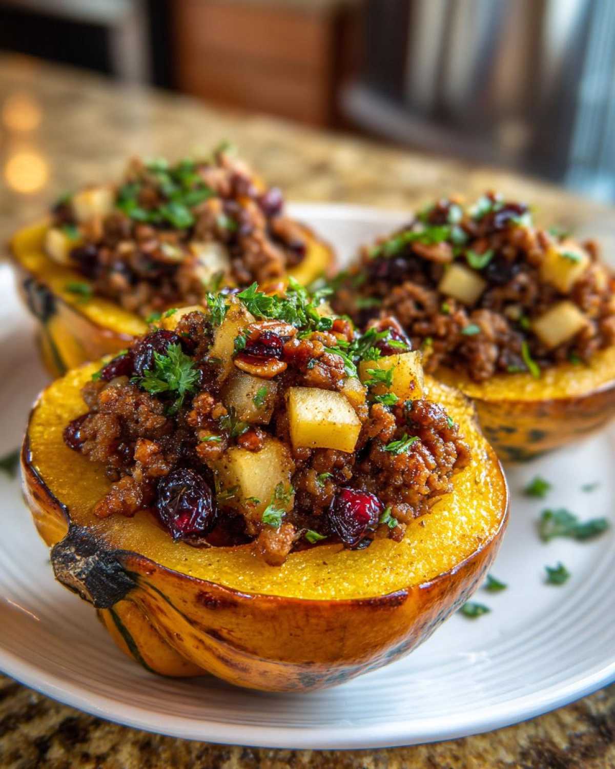 Close-up of three halves of roasted stuffed acorn squash filled with a savory mixture of ground meat, apples, and cranberries.